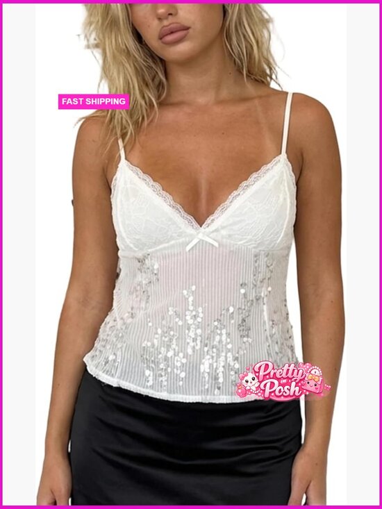 Tops - Sequin Cami Top Sheer See Through Backless Crop Tank Top Sparkly Flowy Camisole